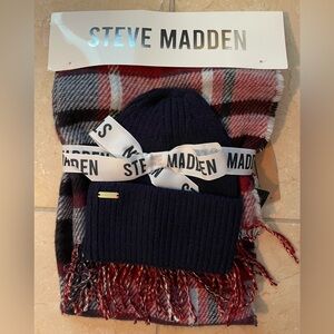 NWT!! Steve Madden Blue Beanie and Red Plaid Scarf Set
